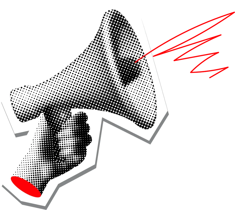 Halftone cutout of a hand holding a megaphone